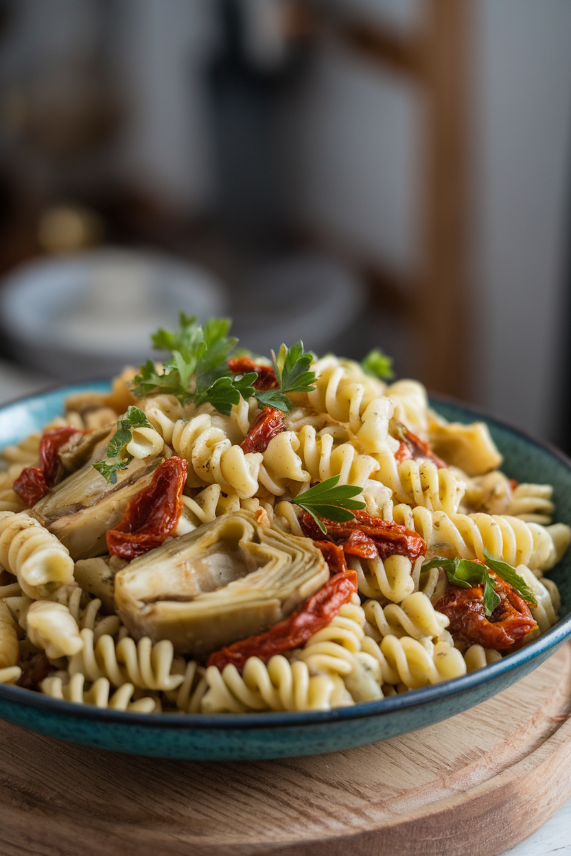 Photo of short pasta mixed with marinated artichoke hearts, sun-dried tomatoes, and parsley in a bowl indoors; no text or logos.