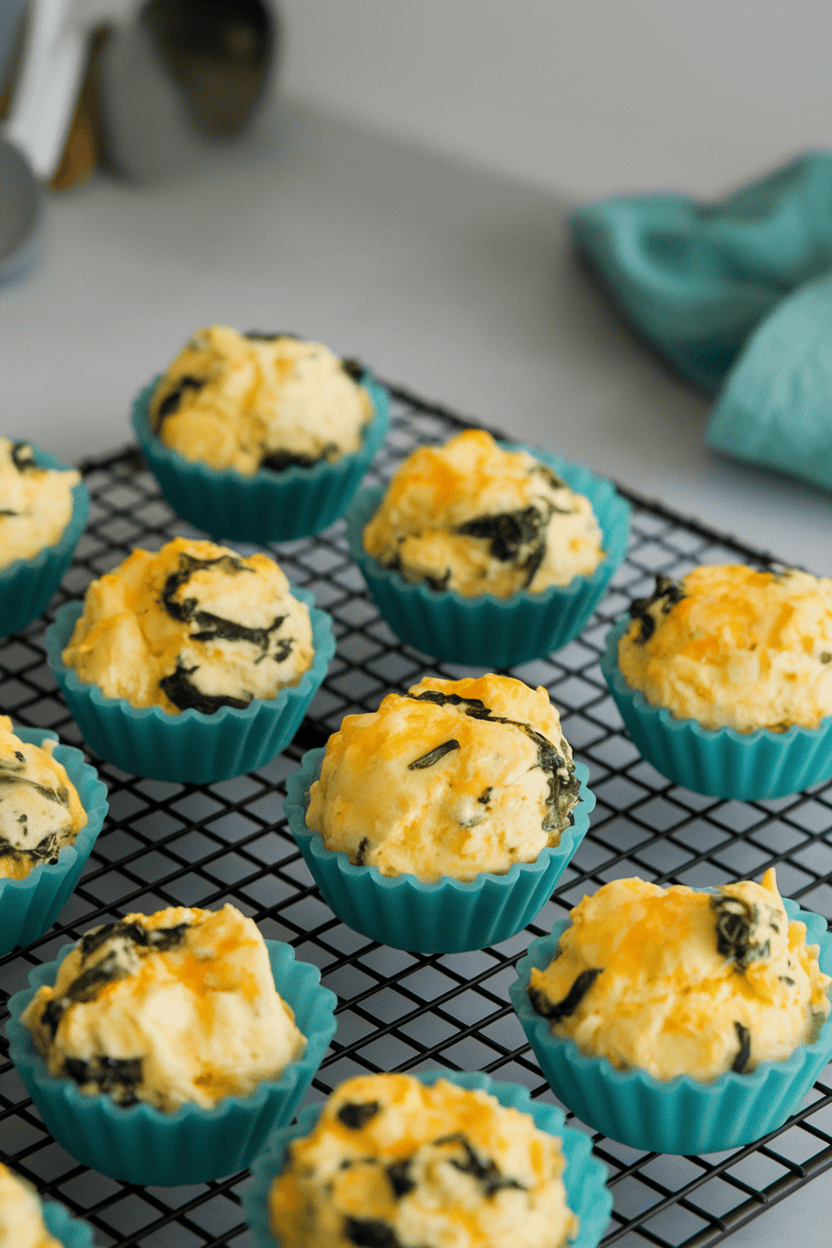 Indoor photo of silicone muffin cups filled with fluffy egg bites dotted with spinach and cheese, resting on a cooling rack. No logos or text.