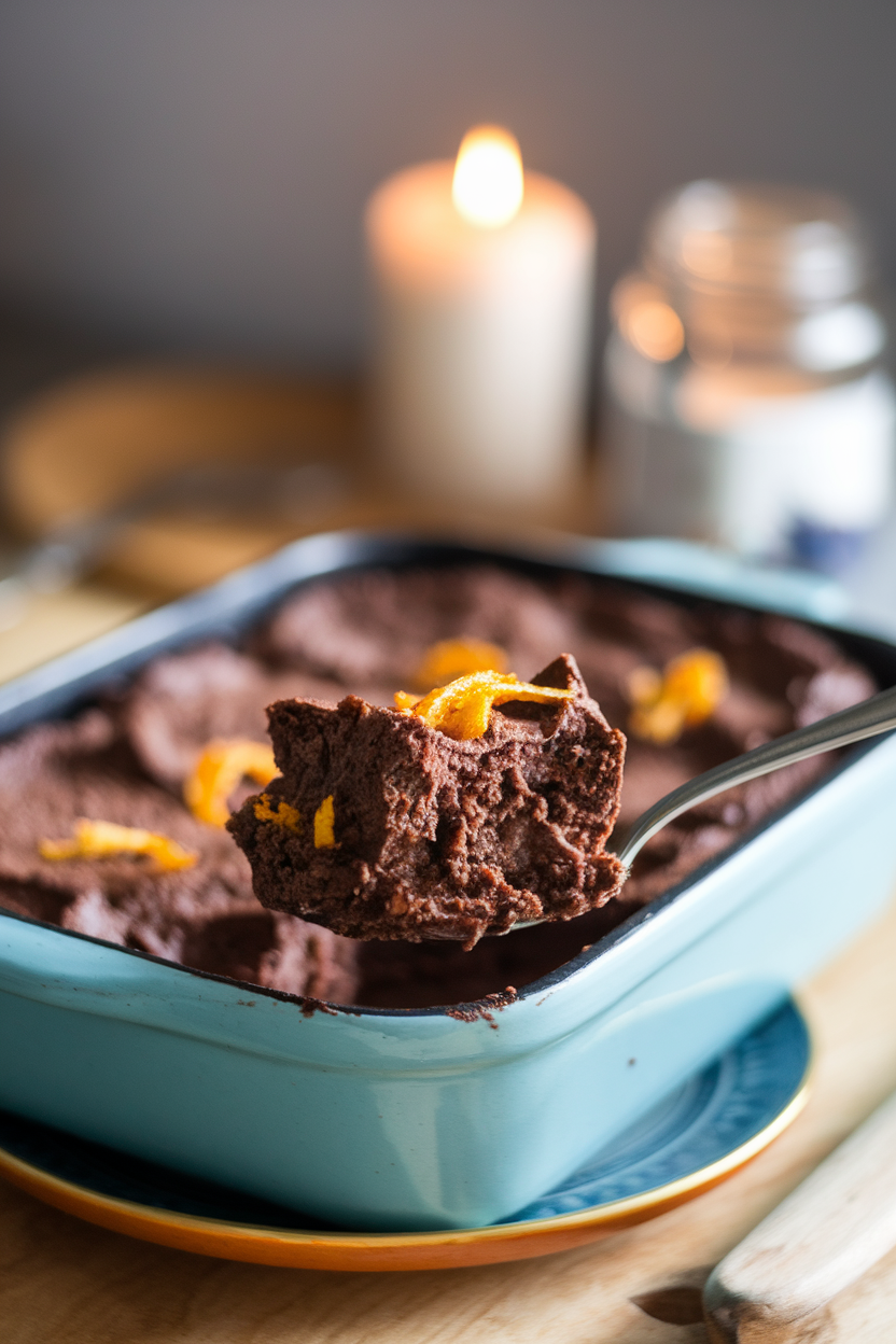 Indoor photo of a casserole dish with chocolate bread pudding studded with orange zest, spoonful served onto a plate. No text or logos.