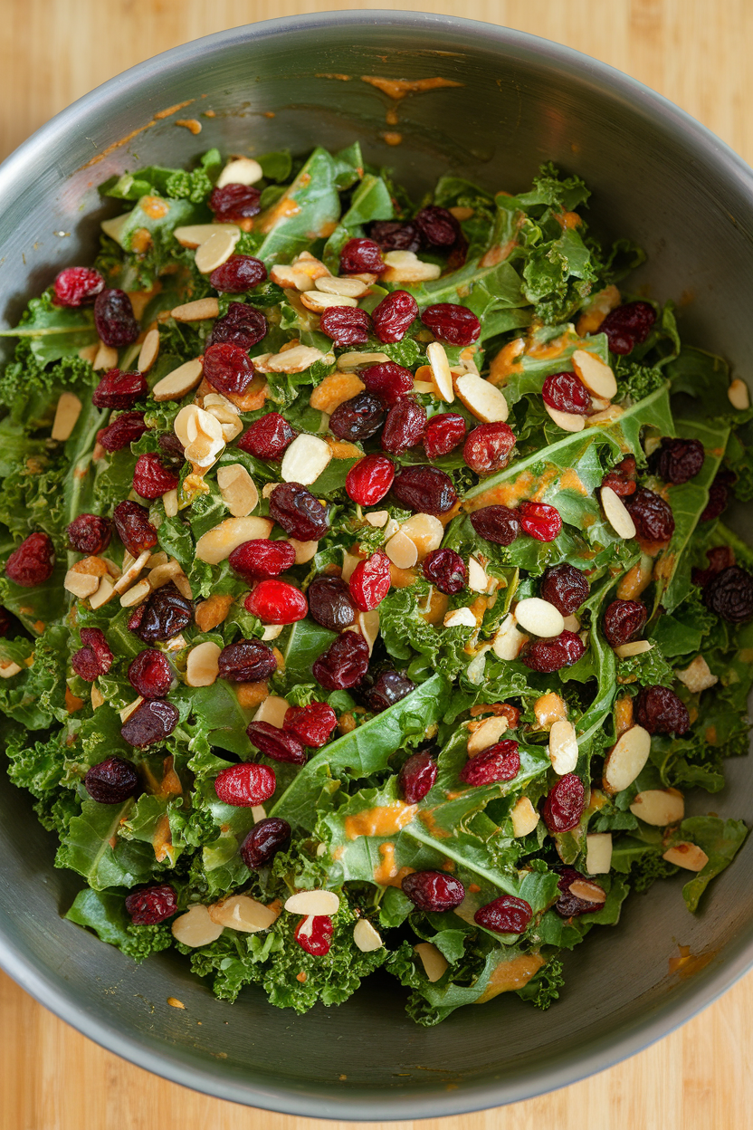 Indoor photo of kale ribbons massaged with vinaigrette, dotted with dried cranberries and sliced almonds in a large bowl; bright kitchen lighting, no text or logos.