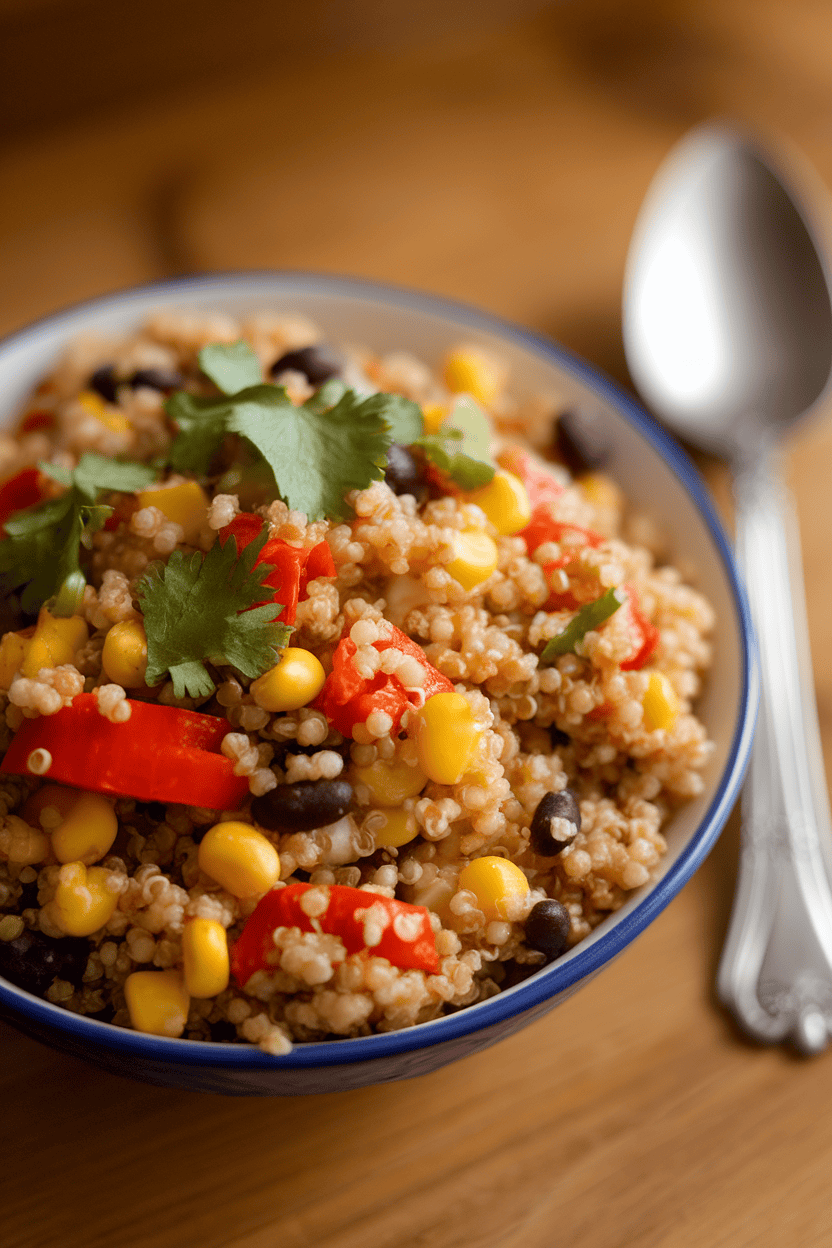 Warm indoor photo of quinoa mixed with diced bell peppers, corn, black beans, and chopped cilantro in a bowl; no logos.