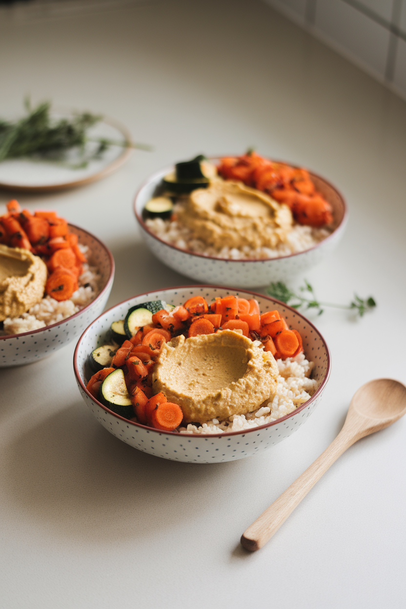 An indoor countertop with bowls of brown rice topped with roasted carrots, zucchini, and a generous scoop of hummus. No text or logos, photo style.