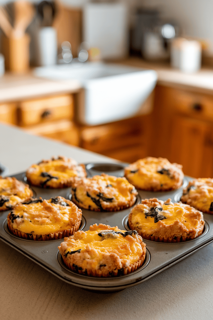 Photo of six egg muffins in a non-stick muffin tin on a kitchen counter, flecks of spinach and ground turkey visible, indoor light, no text or logos.