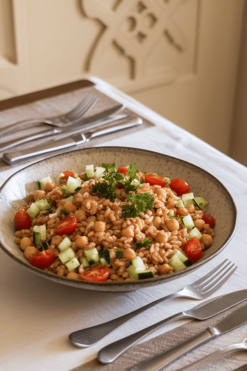Photo of an indoor dining table set with a wide shallow bowl of farro and chickpea salad dotted with diced cucumber, cherry tomatoes, and parsley; olive oil sheen visible, no text or logos.