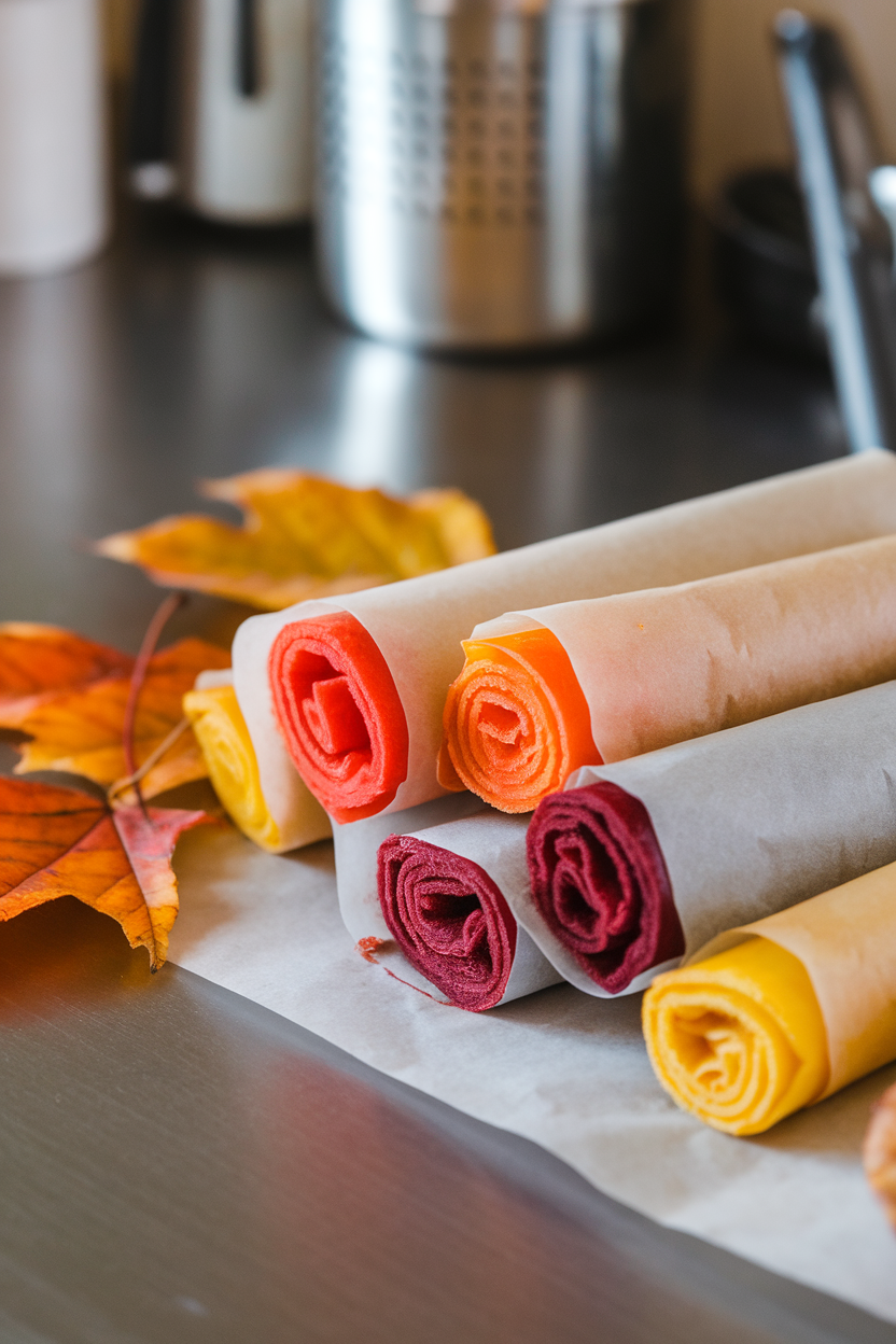 An indoor kitchen counter with several rolled fruit leathers in parchment, their bright colors visible at the edges, next to scattered autumn leaves. No text or logos.
