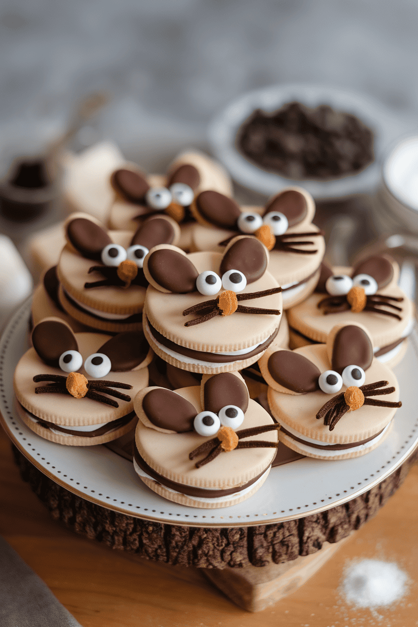 Indoor photo of sandwich cookies decorated with chocolate-coated ears, candy eyes, and licorice whiskers, displayed on a plate. Even lighting, no text or logos.
