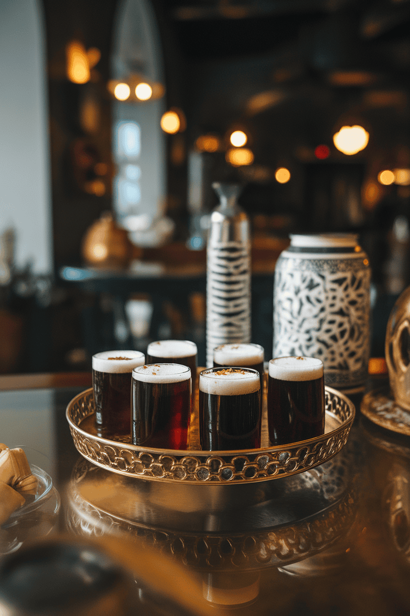 Indoor cantina table featuring dark amber beer jello shots with a light salted foam layer, no brand names visible