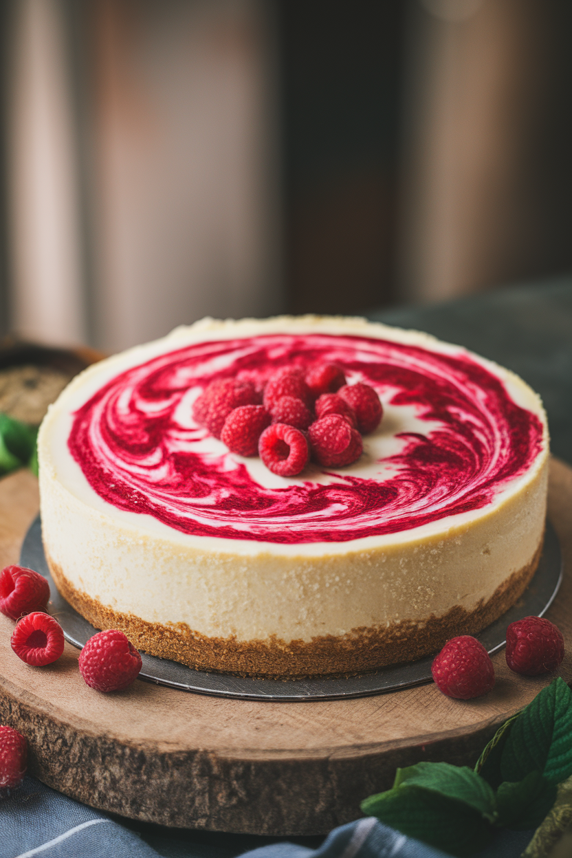 Indoor cheesecake on a springform base, vibrant raspberry swirls patterning the creamy surface. No text or logos.
