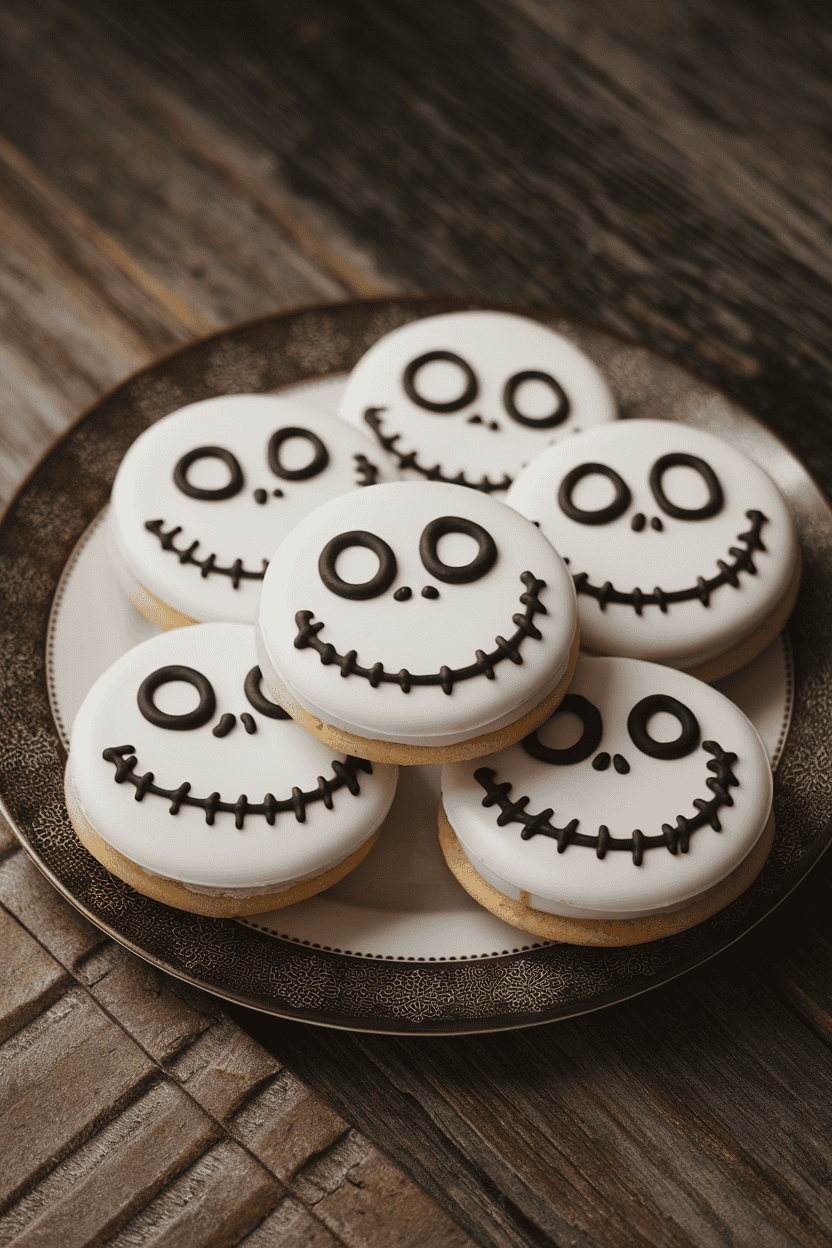 Indoor dessert plate of white-chocolate-coated sandwich cookies with black icing faces mimicking Jack Skellington. No logos or text.
