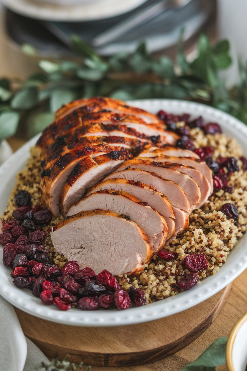 Indoor serving platter with sliced grilled turkey, dried cranberries, and quinoa; no logos or text.