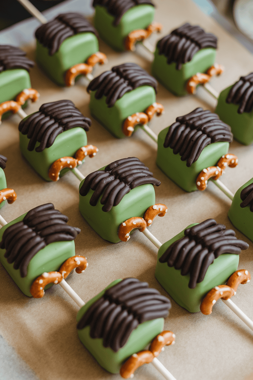 Green rectangular cake pops with black chocolate hair and pretzel “bolt” pieces on the sides, arranged indoors on parchment; no text or logos. Photo.