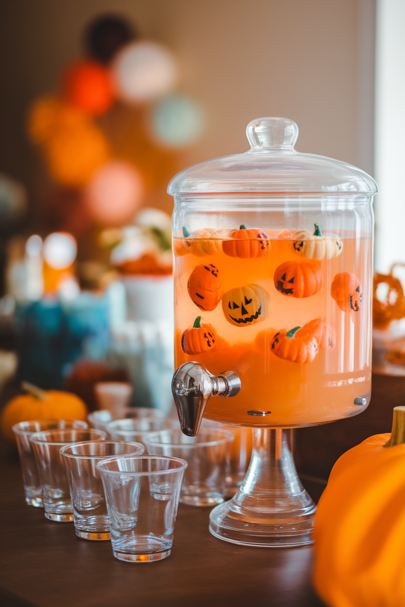 Indoor party table with a clear dispenser of orange punch, mini plastic pumpkins floating inside, small clear cups nearby. No text or logos visible. Photo, not illustration.