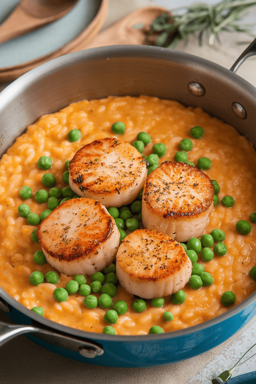 Indoor saucepan showing creamy risotto studded with green peas and topped with golden seared scallops. Photo only, no logos or text.