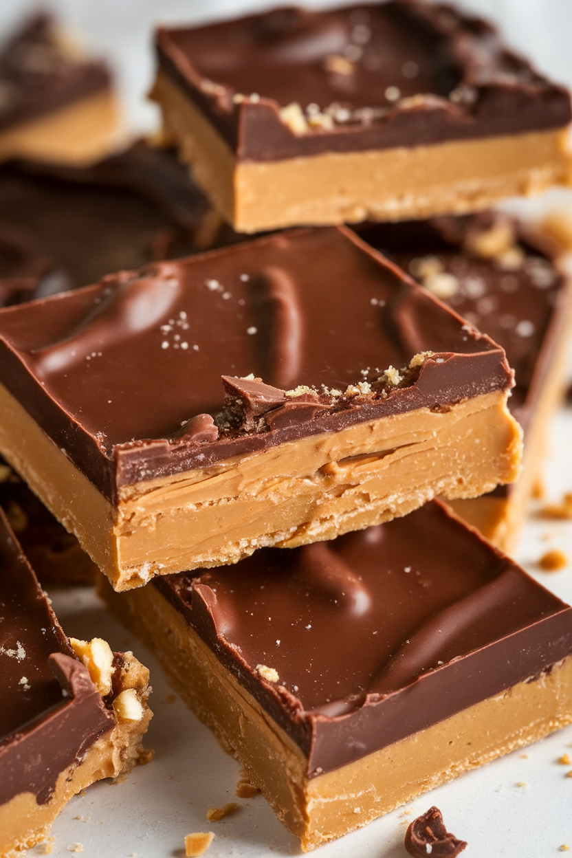 Photo of indoor close-up showing cross-section of crisp peanut-butter toffee covered in chocolate, crumbs around, no branding