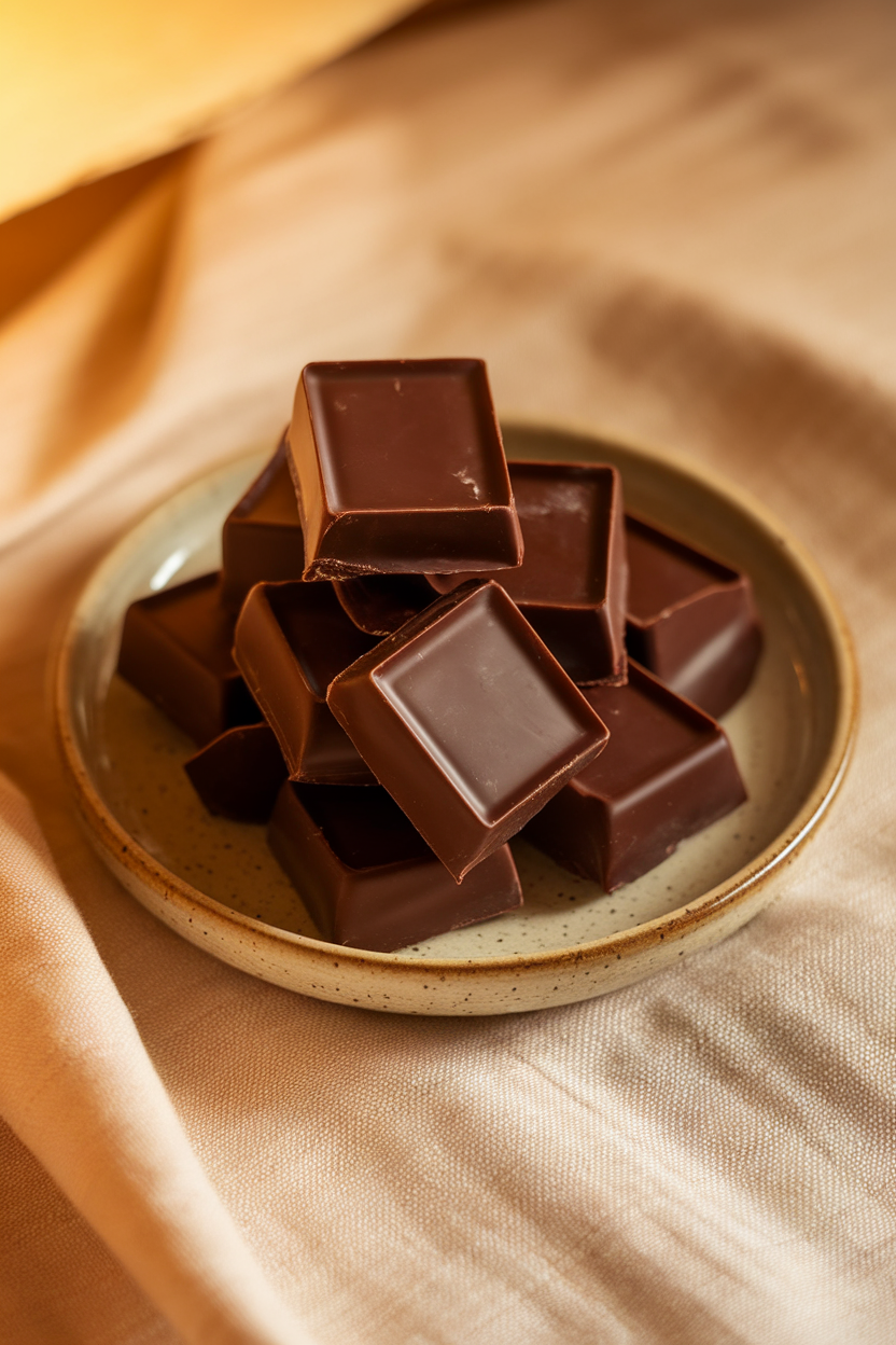 An indoor scene showing neatly wrapped dark chocolate squares on a ceramic plate with a couple unwrapped pieces revealing the glossy chocolate. Warm, soft lighting; no brand names, text, or logos.