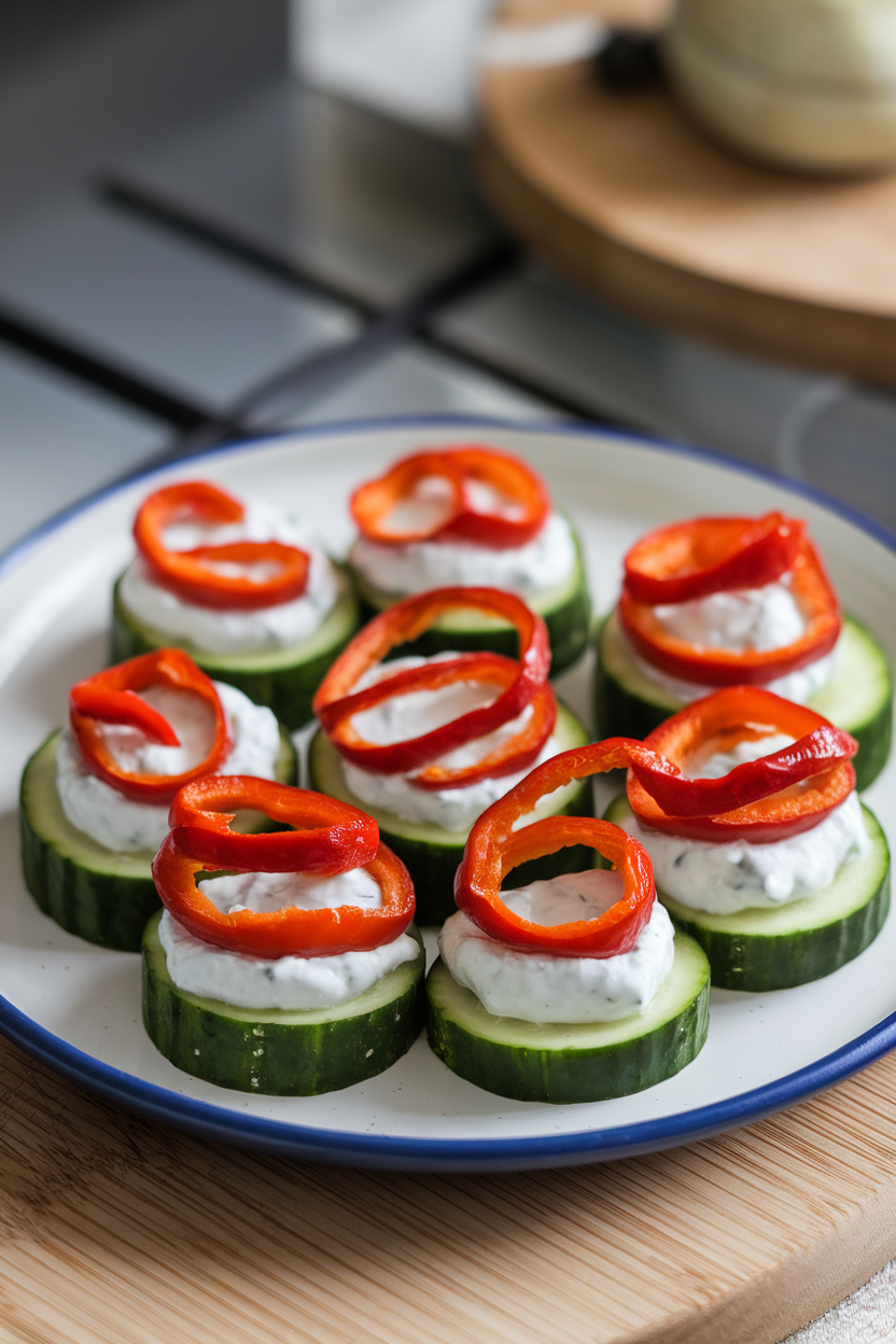 Photo of cucumber rounds topped with tzatziki and tangled roasted red pepper strips as “snakes,” indoor plate. No text or logos.