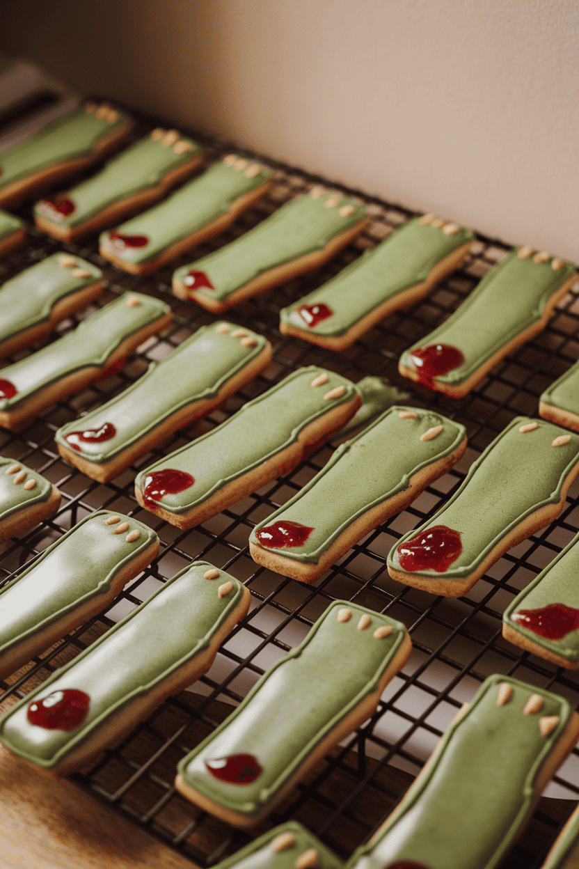 Indoor cooling rack lined with almond-topped greenish sugar cookies shaped like slender fingers, strawberry jam “blood” at the severed ends. Photograph; no text or logos.