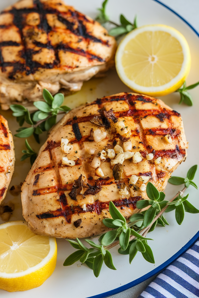 Indoor photo of grilled Greek-style chicken breast with oregano, garlic, and lemon served on a white platter; bright natural-style indoor light, no text or logos