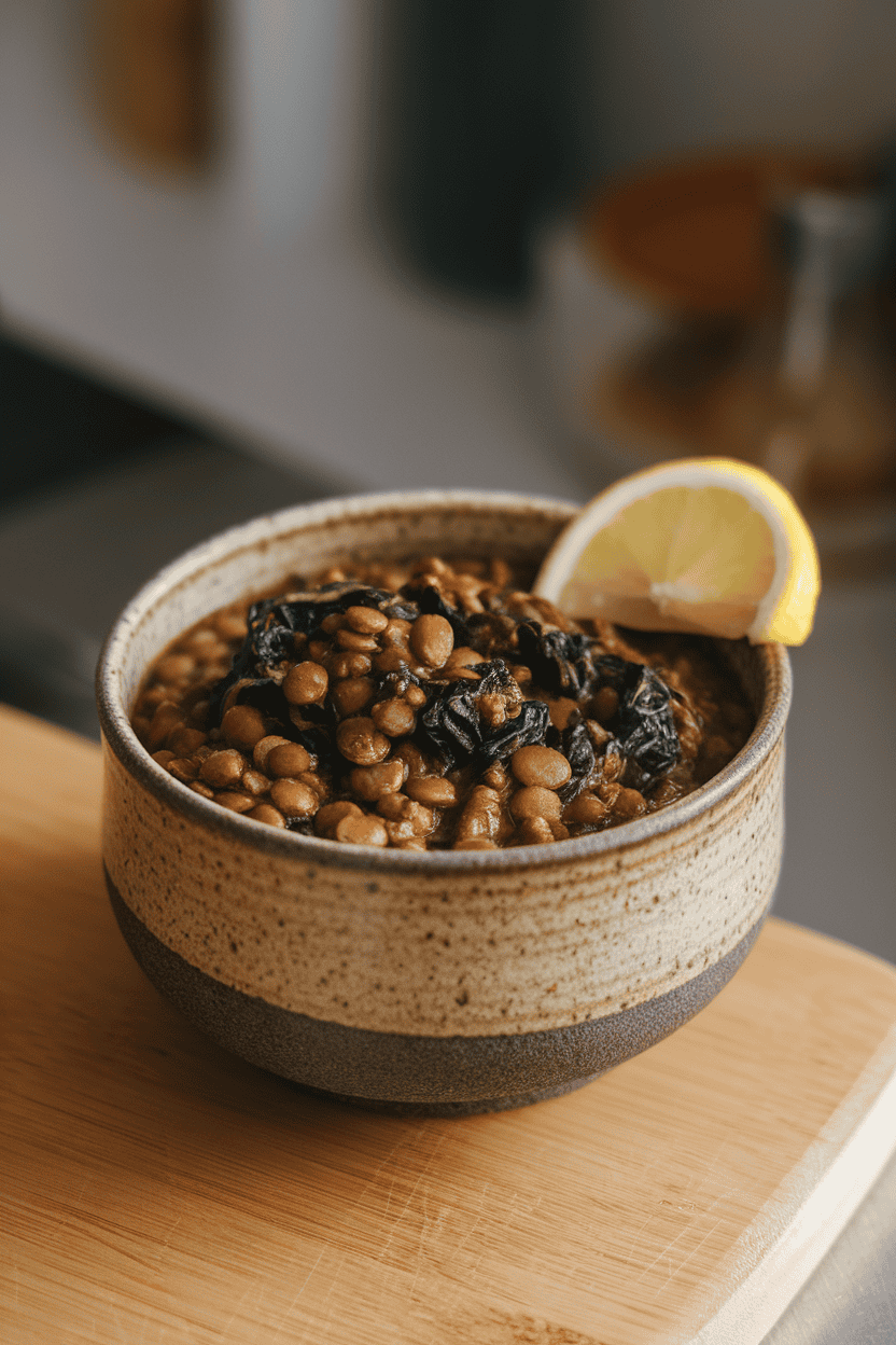 Photo of a single ceramic bowl indoors containing hearty brown lentil stew with wilted spinach and a lemon wedge on the rim. No text or logos.