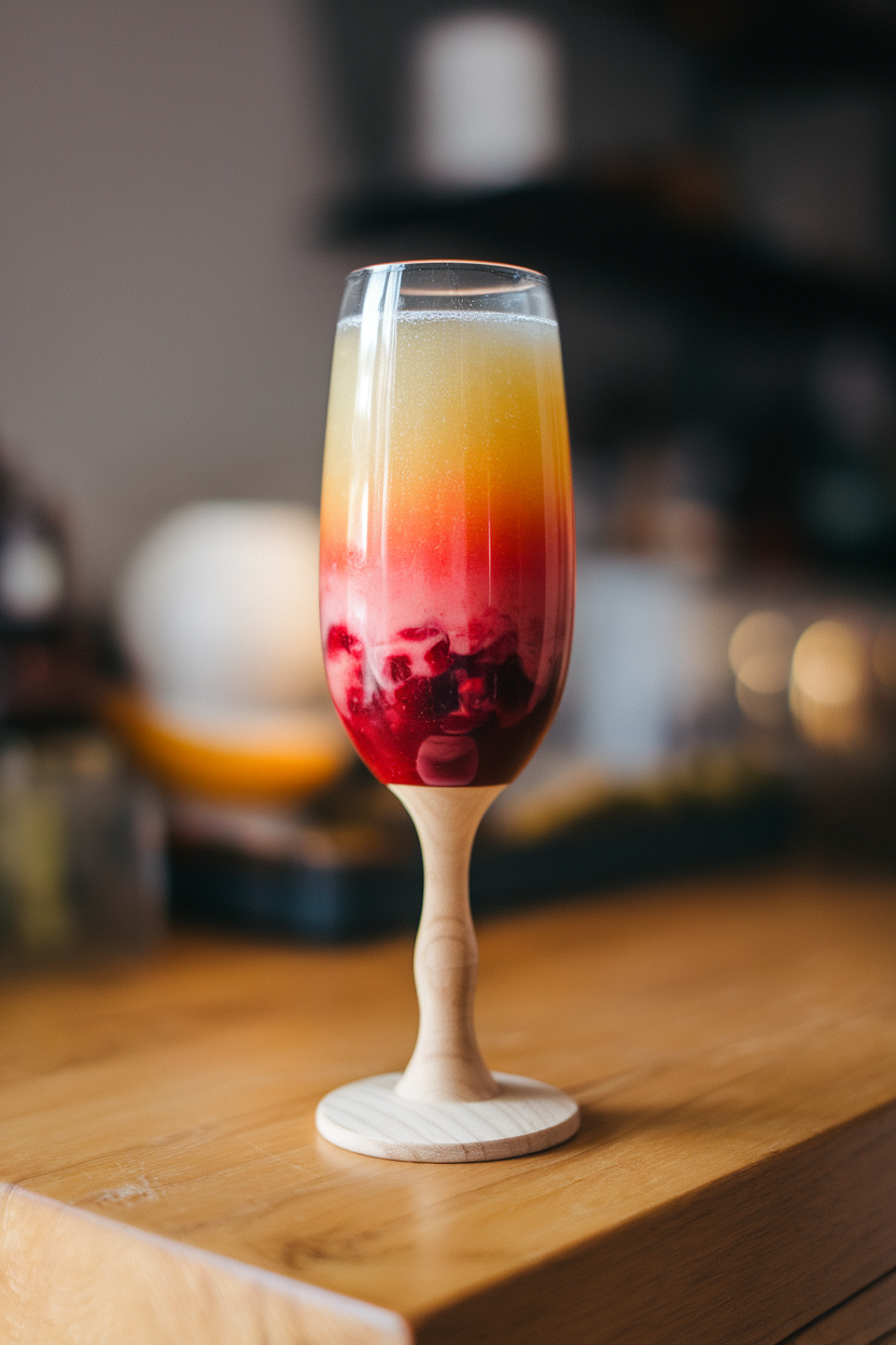 Photo of a flute indoors, layered cranberry purée at the bottom with sparkling apple cider rising through, creating a gradient bellini. No text or logos present.