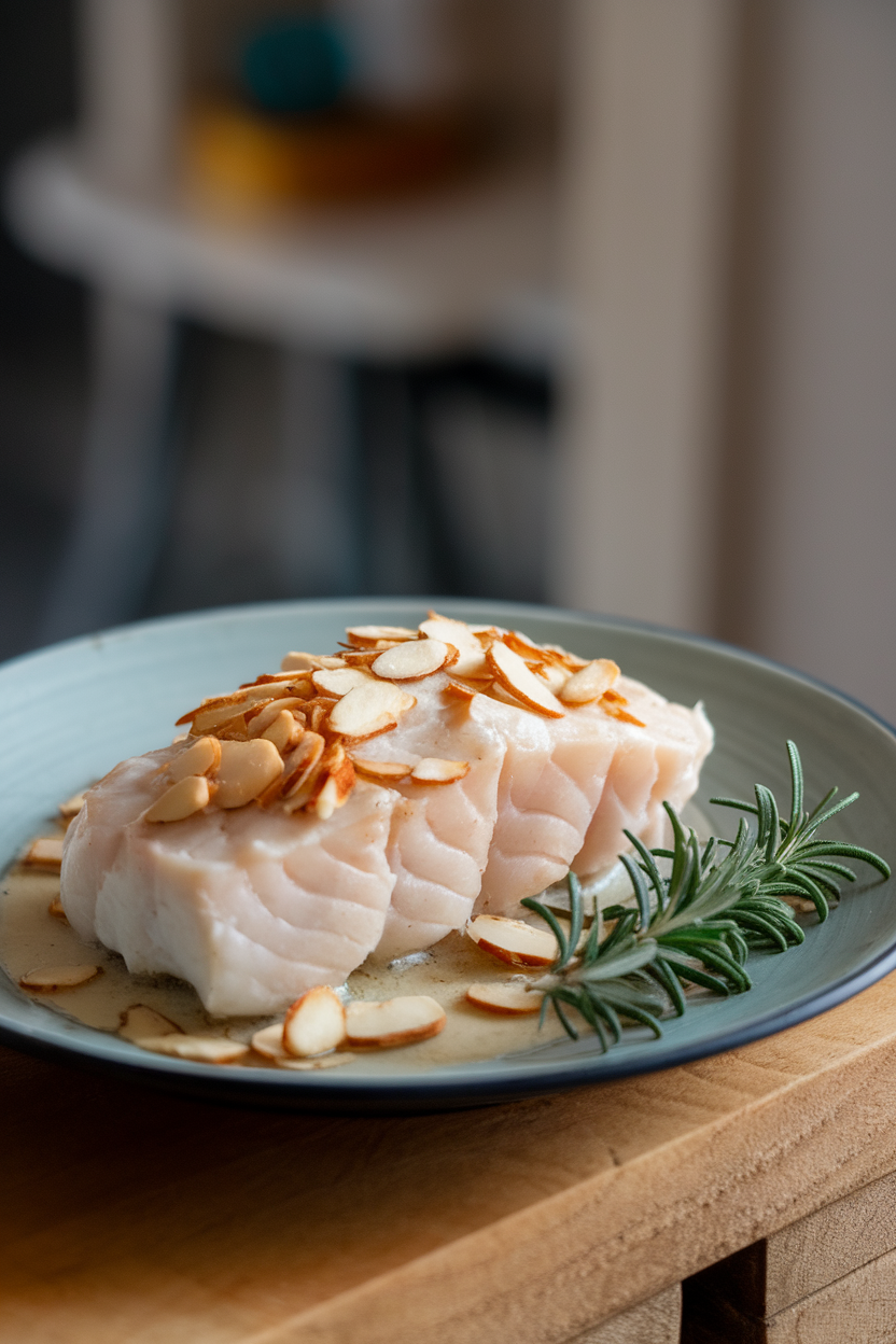 Indoor plate of cod topped with pale almond cream, toasted almond slices scattered on top. No text or logos.
