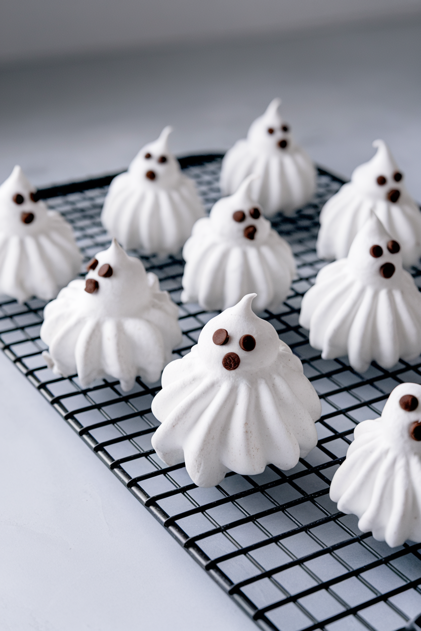 An indoor baking rack lined with crisp white meringue ghosts sporting tiny chocolate chip eyes and mouths. Photo only, no text or logos.