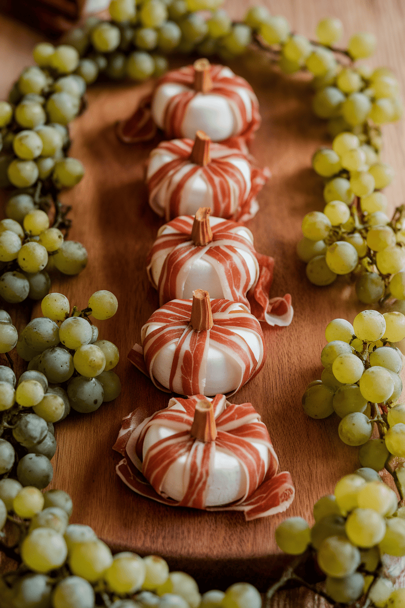 Indoor photo of a wooden cheese board lined with mini Babybel cheeses wrapped in thin strips of prosciutto to look like pumpkins, surrounded by green grape “vines.” Soft, warm lighting, no text or logos.