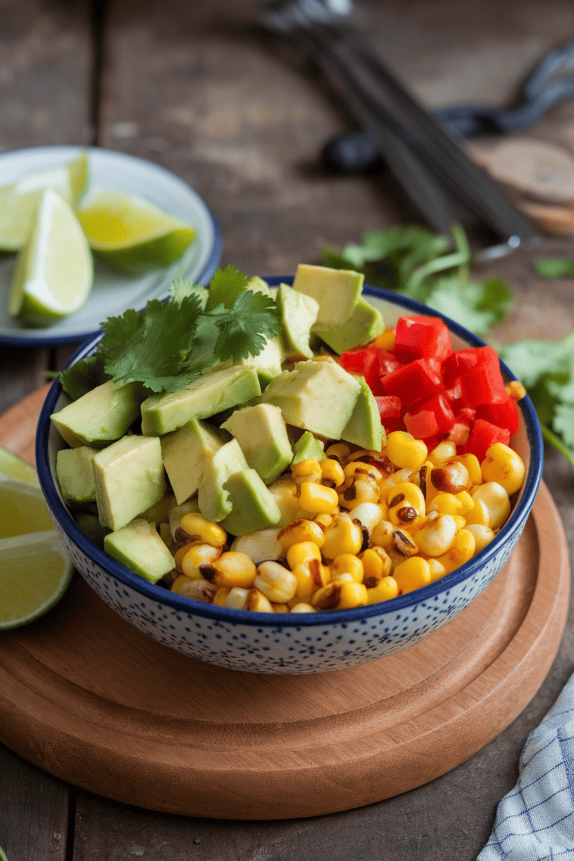 An indoor bowl filled with diced avocado, roasted corn kernels, red bell pepper, and cilantro, lime wedges nearby. No text or logos; photo only.