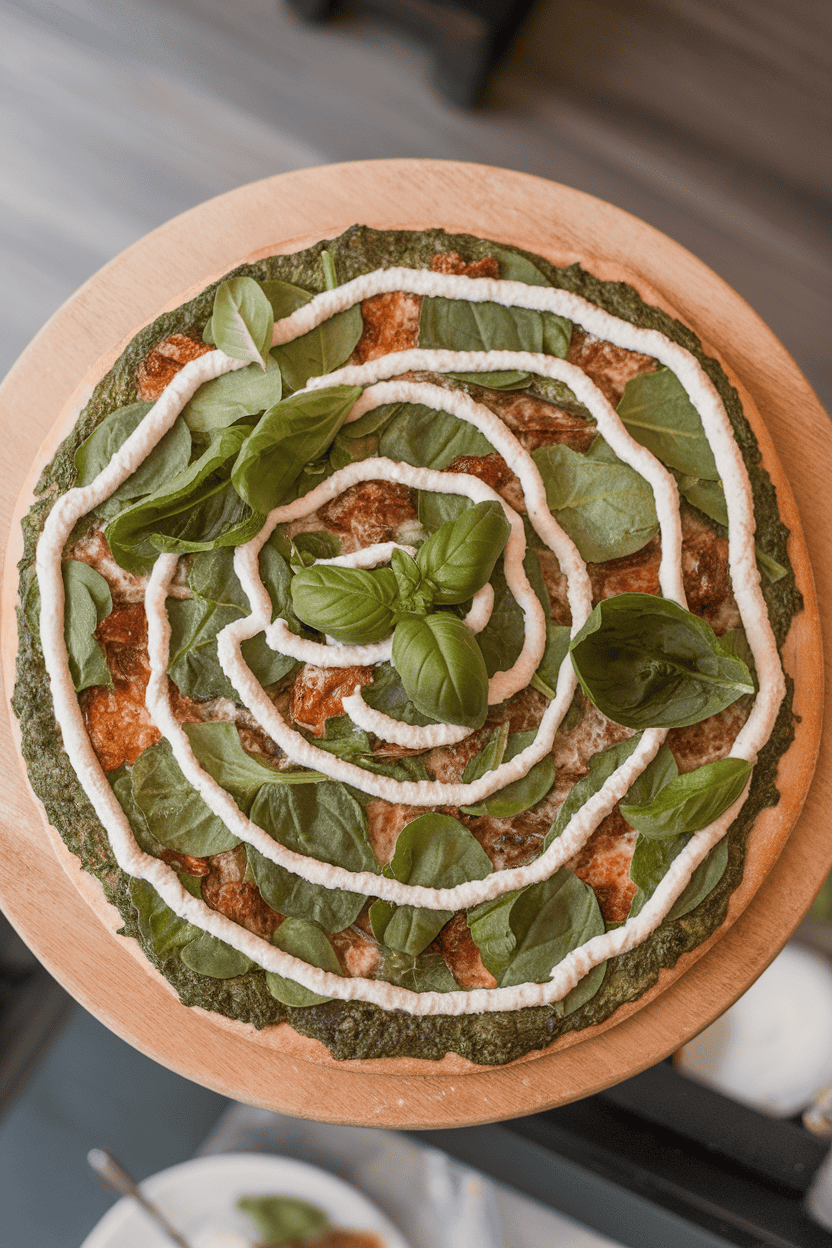Overhead indoor image of a spinach pizza with a thin ricotta web piped across the surface. No text or logos.