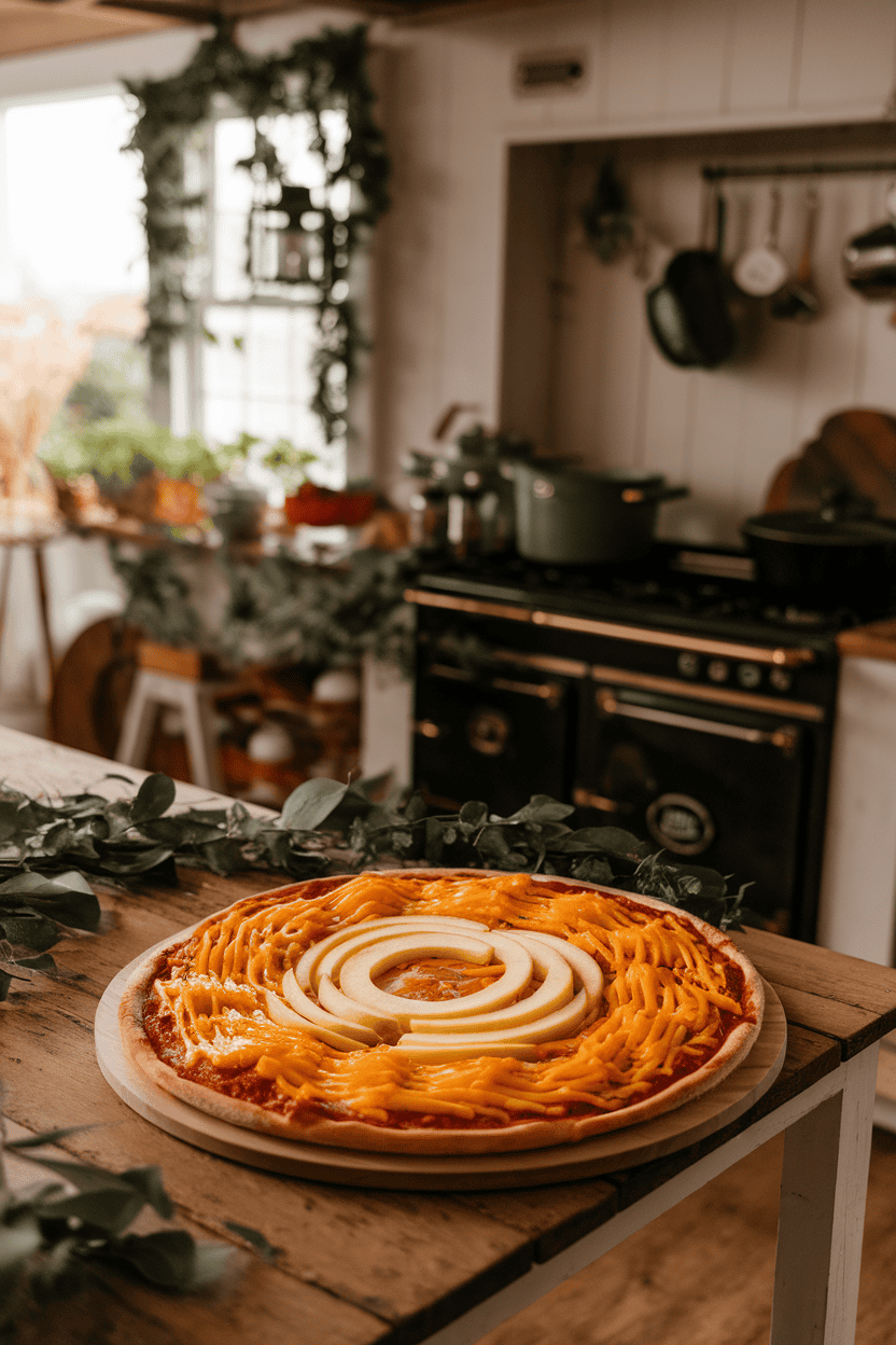 Warm indoor farmhouse table with a cheddar-topped pizza and concentric apple slices forming a glowing harvest moon. No text or logos.