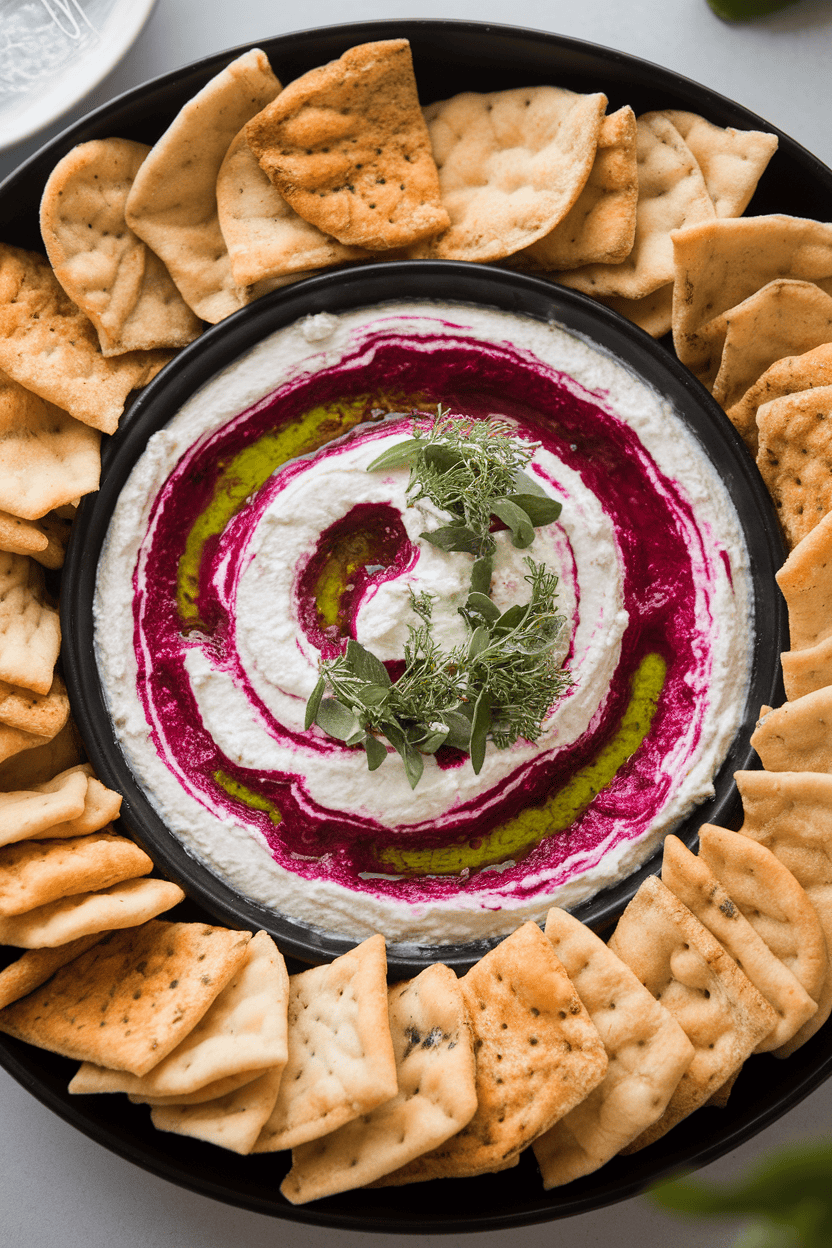 Indoor shot of whipped feta dip swirled with purple beet juice and green herb oil, served with pita chips on a black platter. No text or logos.