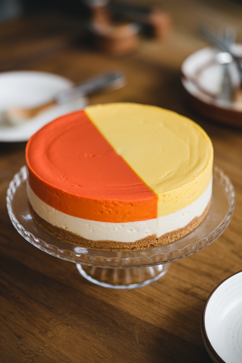 Indoor photo of a no-bake cheesecake with three distinct orange, yellow, and white layers, set on a clear glass plate. No text or logos.