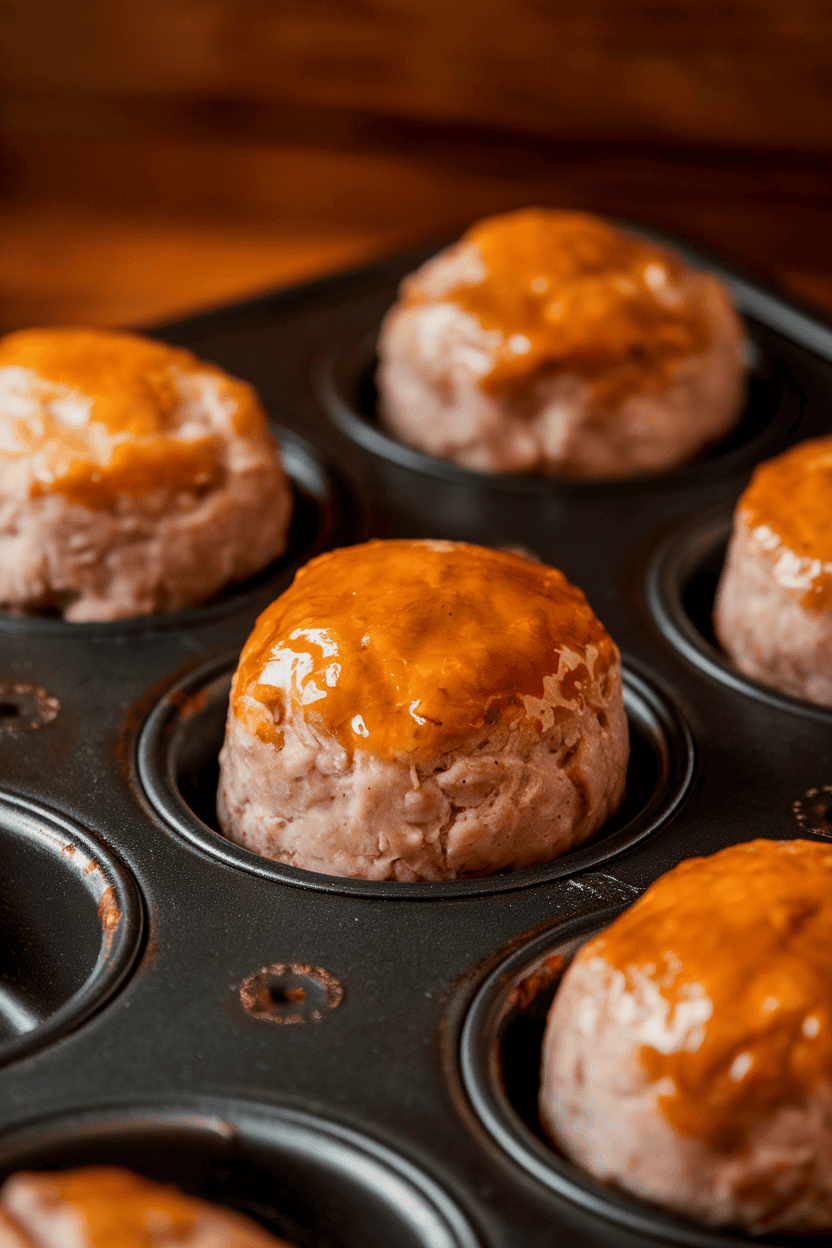 Photo of mini turkey meatloaves in a muffin tin indoors, glazed orange tops, no text or logos.
