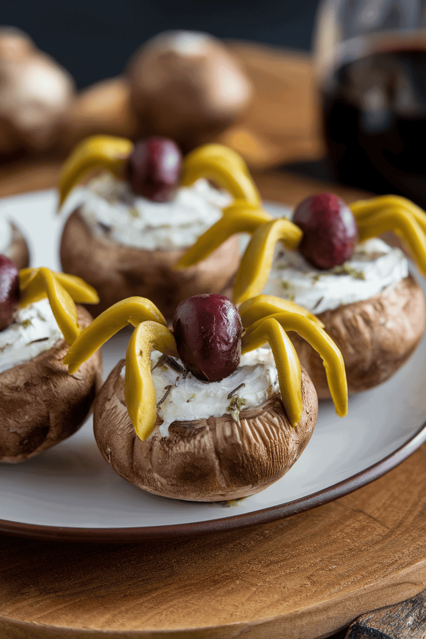Indoor appetizer plate with baked button mushrooms stuffed with herbed cream cheese, olive slice spiders crawling on tops. Photograph; no text or logos.