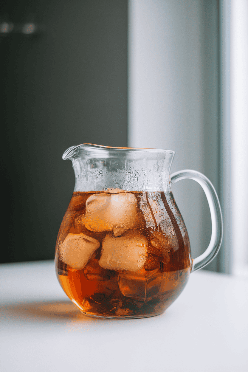 Indoor glass pitcher of amber roasted barley tea with ice cubes, condensation visible, no branding or logos. Photo only.