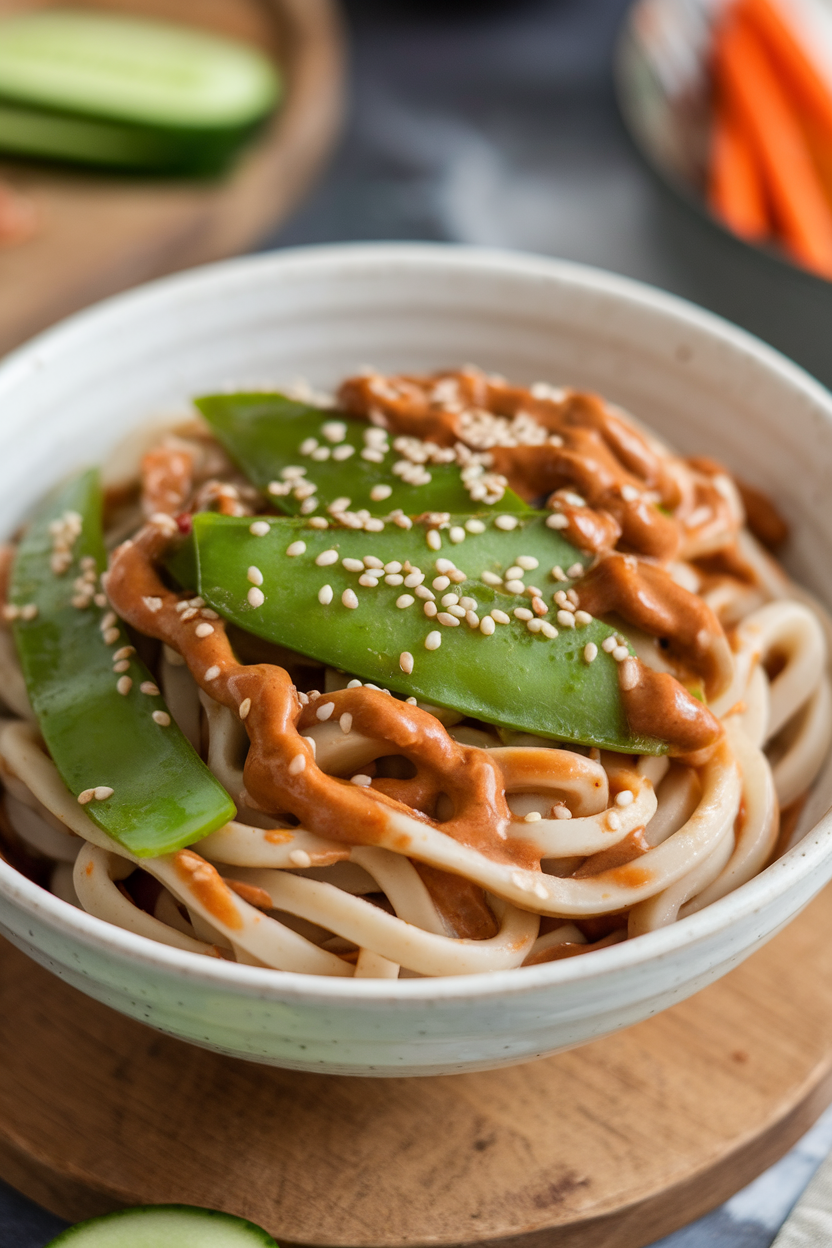 Indoor photo of a bowl of chilled udon noodles coated in peanut sauce, sprinkled with sesame seeds and mixed with blanched snow peas. No logos or text.