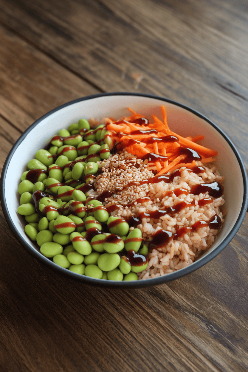 Indoor photo of a wide bowl containing brown rice, shelled edamame, shredded carrots, and sesame seeds, drizzled with soy-ginger sauce; no logos.
