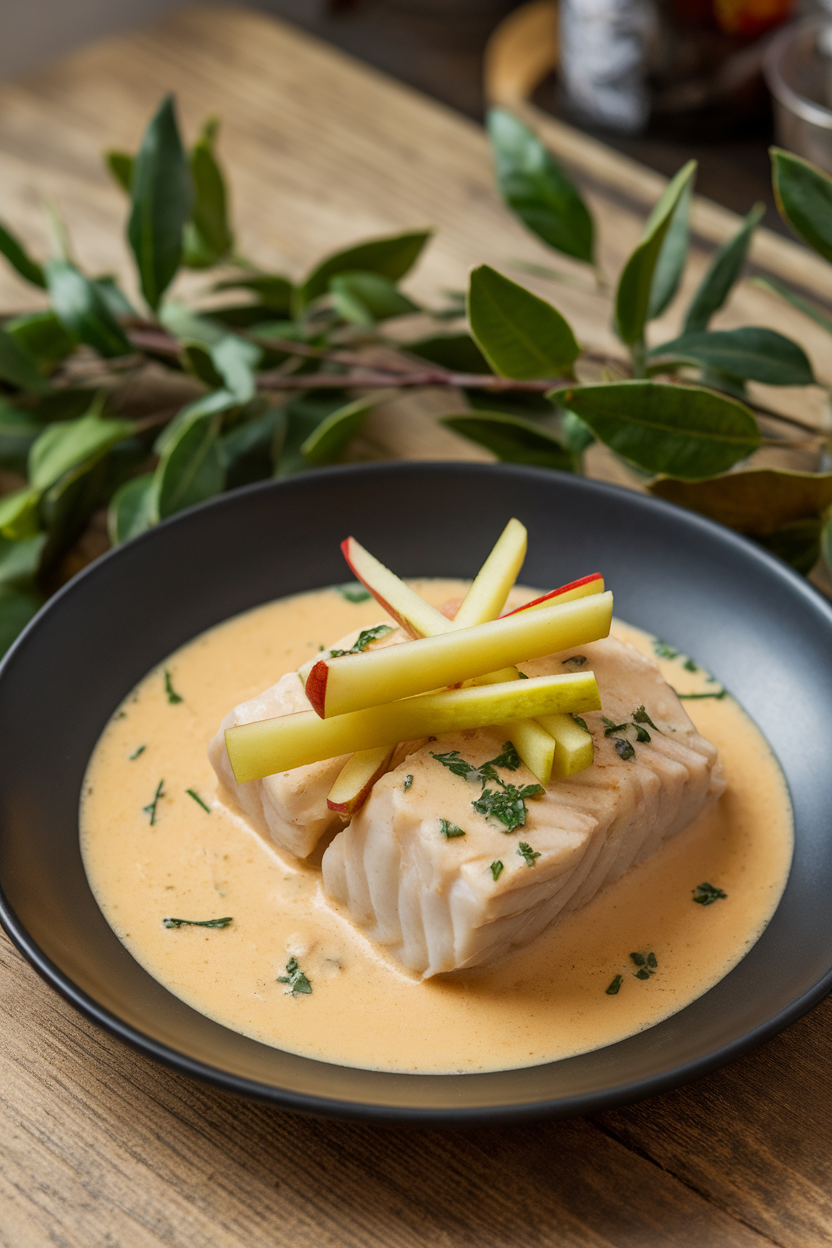 Indoor plate of cod resting in creamy cider sauce with apple matchsticks on top. No text or logos.
