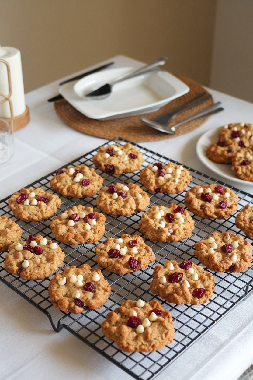 An indoor table set with a cooling rack of golden oatmeal cookies studded with ruby dried cranberries and white chocolate chips, gentle afternoon light filtering in. No text or logos present. Photo only.