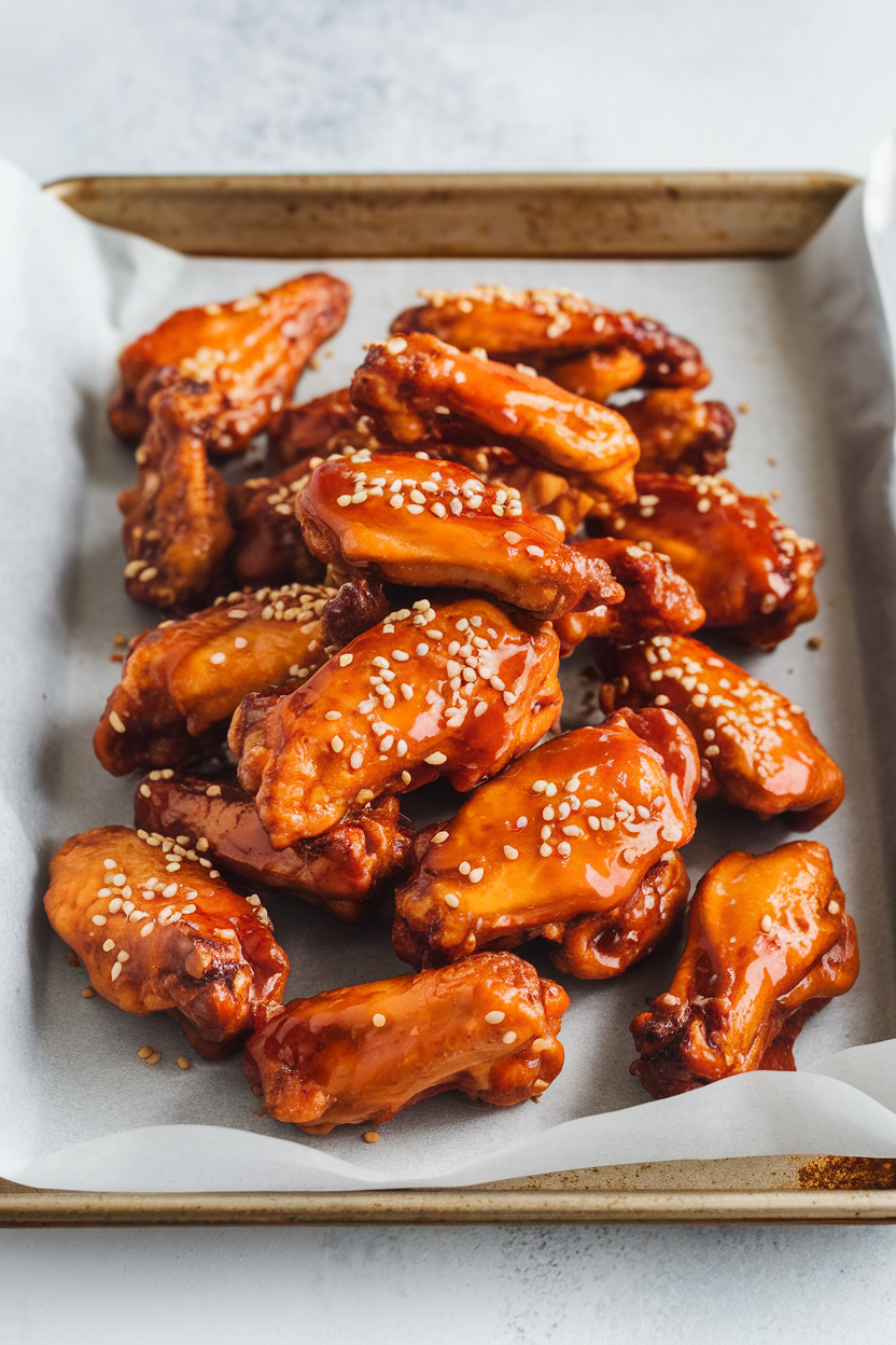 An indoor baking tray lined with parchment, stacked wings glazed in shiny orange-red sauce, sesame seeds sprinkled over top. No text or logos. Photo, not illustration.