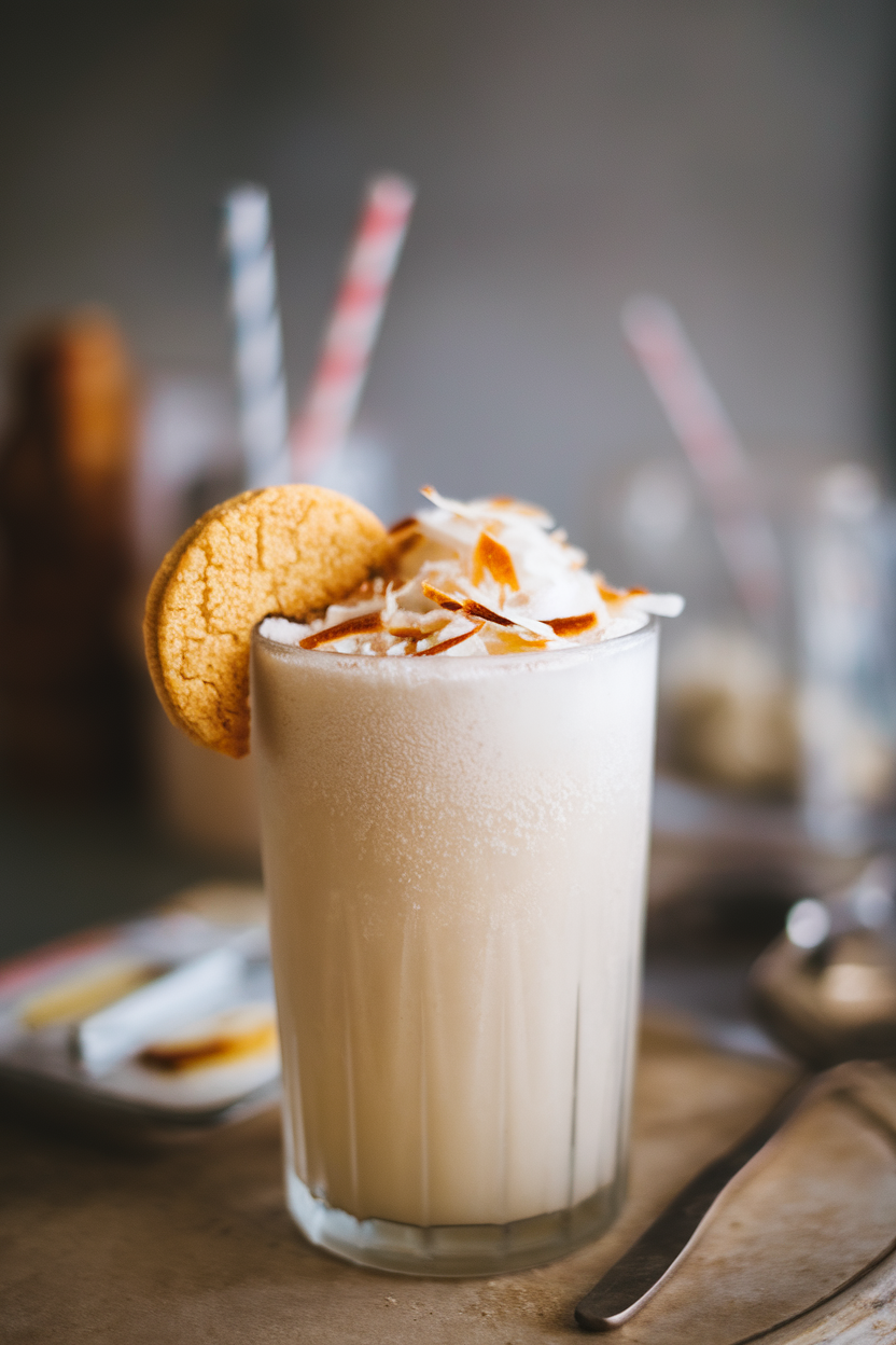 Indoor photo of a pale white coconut shake in a frosted glass, topped with toasted coconut flakes and a crescent-shaped cookie. No text or logos.