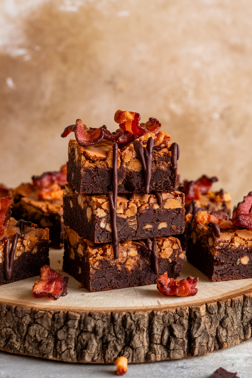 Indoor photo of brownies topped with crispy maple-glazed bacon bits and a drizzle of dark chocolate, plated on rustic wooden board; no text or logos