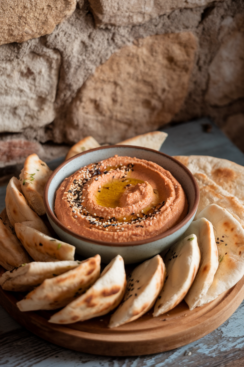 Photo of a small indoor bowl of creamy red hummus topped with sesame seeds and a drizzle of olive oil, surrounded by pita wedges; no text or logos.