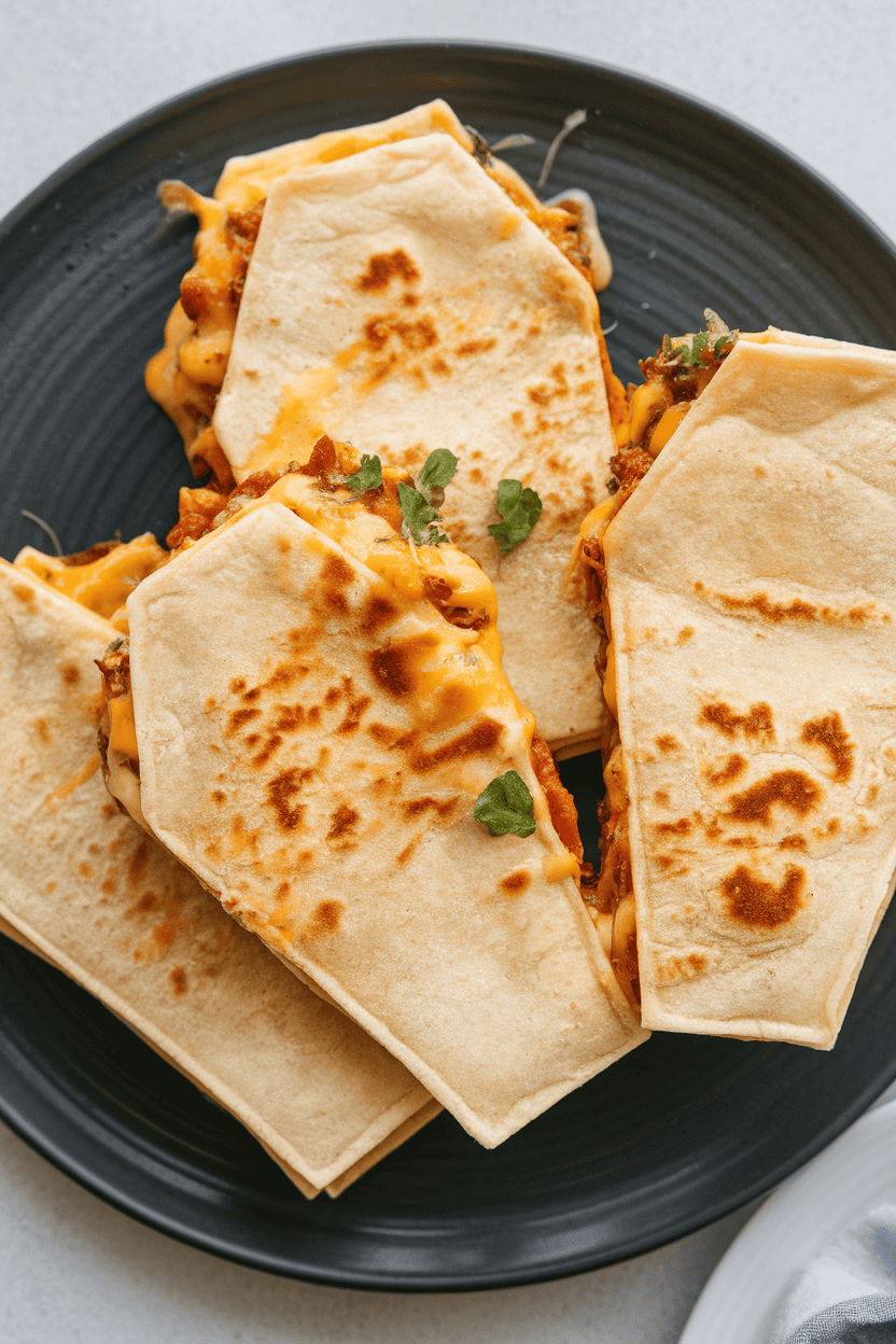 Indoor photo of crispy flour-tortilla quesadillas cut into coffin shapes, cheese oozing at the edges, arranged on a dark plate. Overhead lighting, no text or logos.