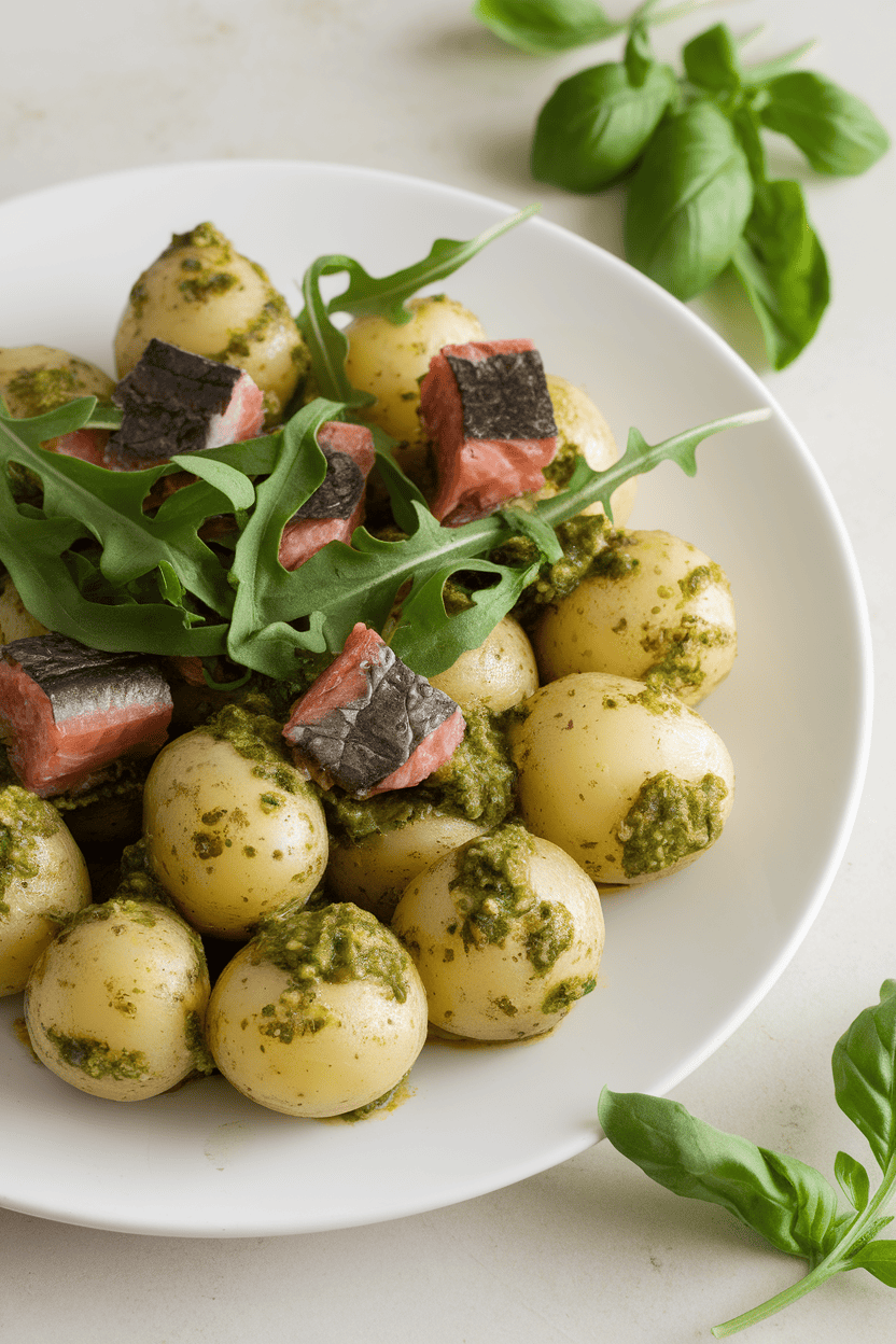Indoor dish of baby potatoes tossed in green pesto with chunks of smoked mackerel and arugula leaves. Photo only.