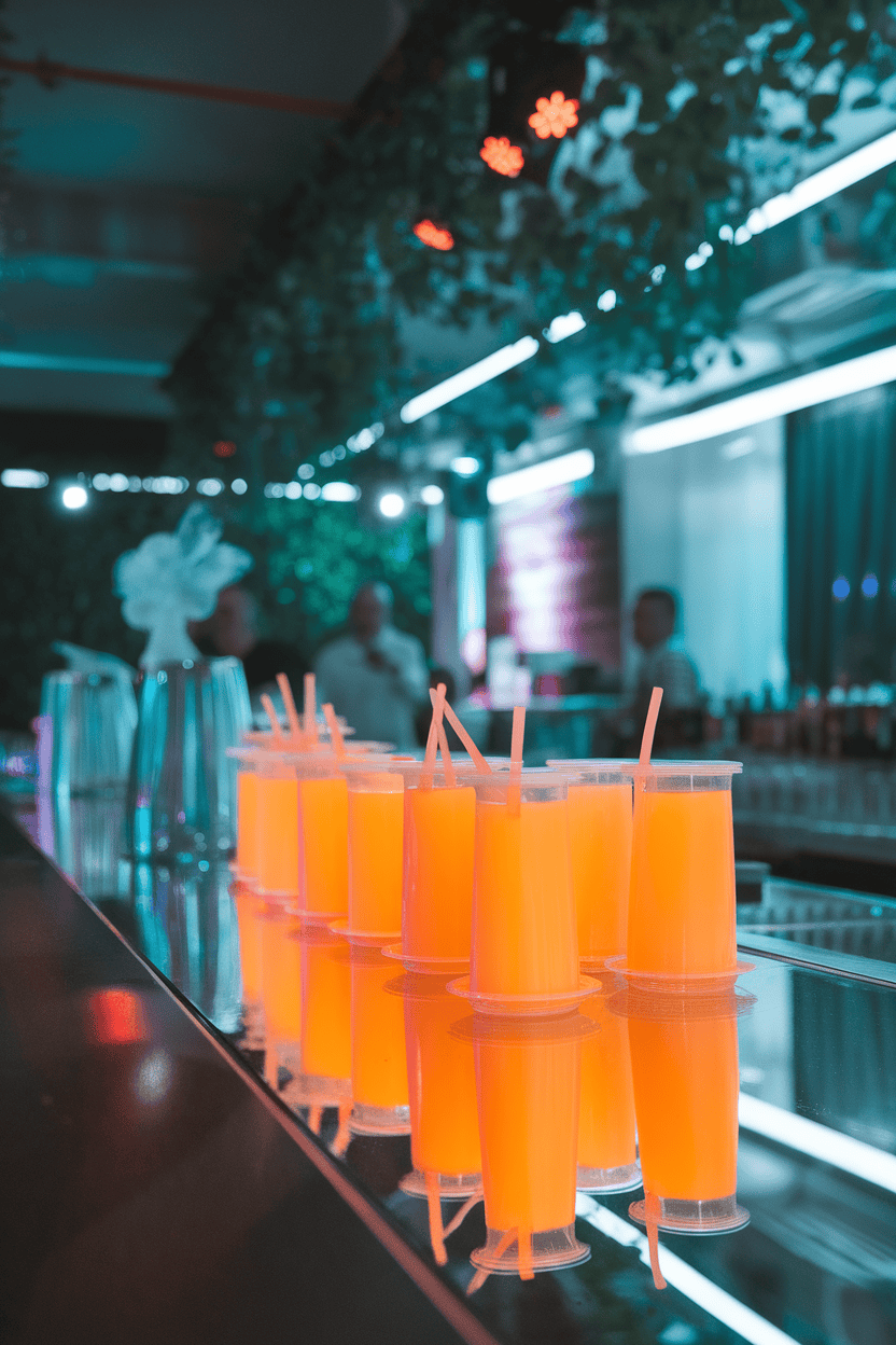 Indoor party bar lit with blacklight reflecting off bright orange peach jello shots, no text or logos present