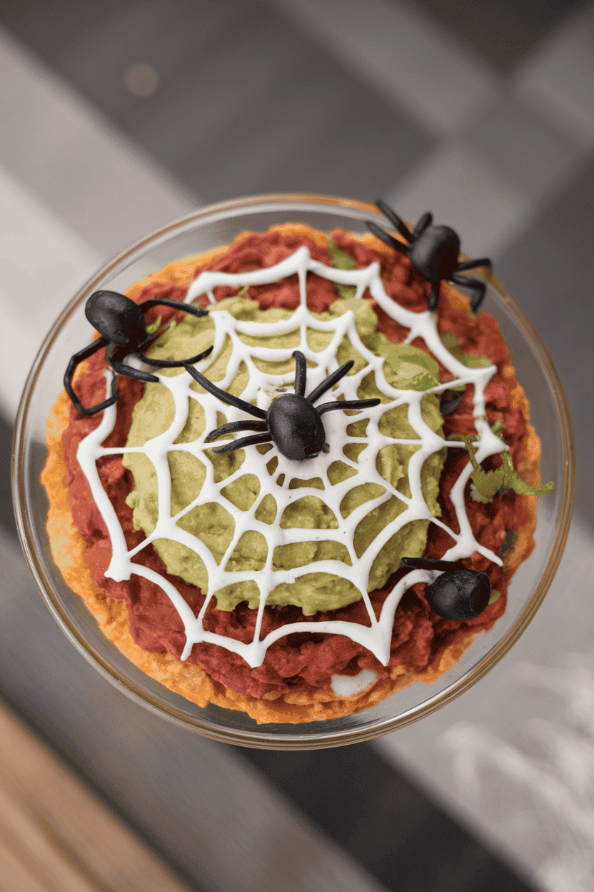 Overhead indoor photo of a round glass dish layered with refried beans, guacamole, and other fixings, sour-cream piped in a web pattern, black olive “spiders” crawling on top. No text or logos.