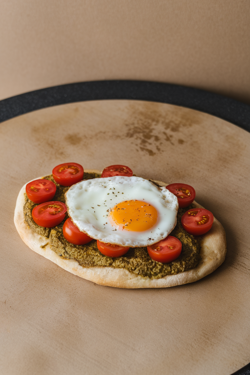 Photo of a small oval flatbread topped with a fried egg, dollops of pesto, and cherry tomato halves, shot indoors on a pizza stone. No text or logos anywhere.