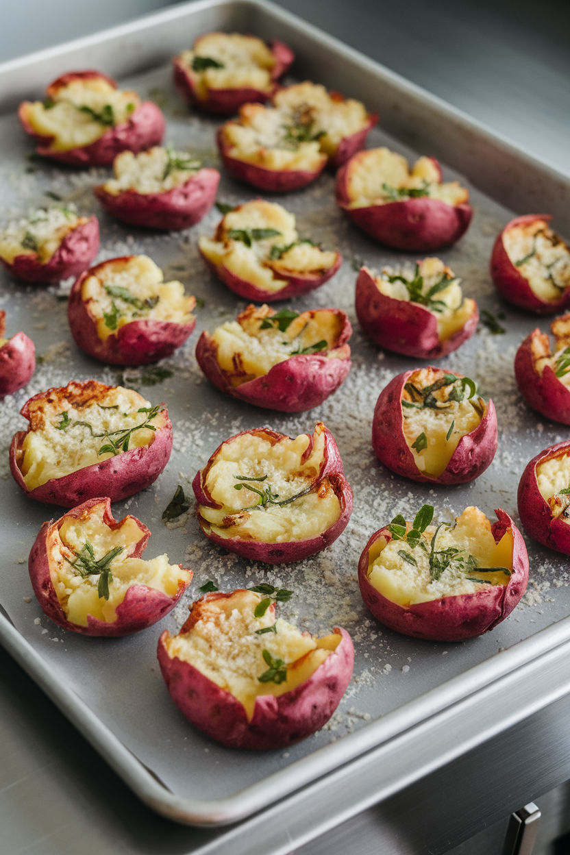 An indoor baking sheet holding smashed red potatoes sprinkled with Parmesan and herbs, browned edges present; no text or logos. Photo.</Prompt
