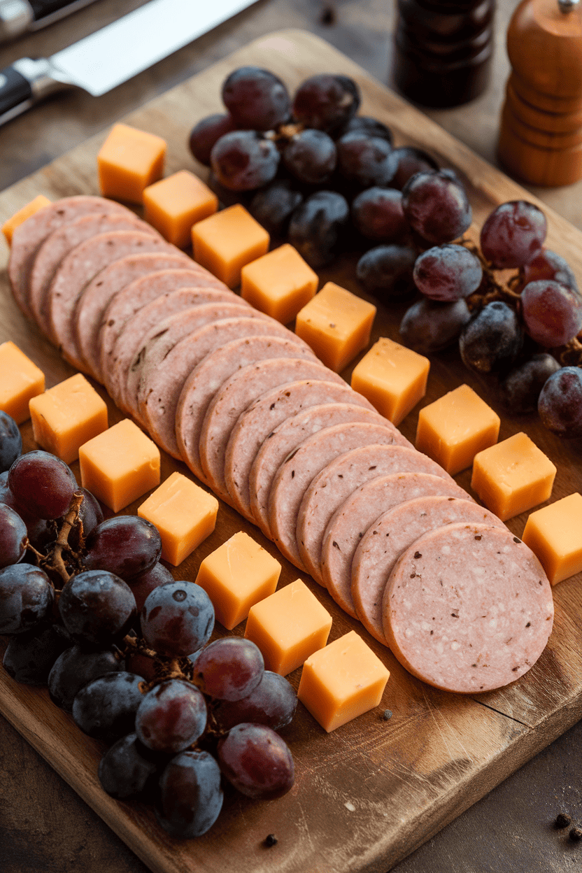 Indoor image of sliced turkey sausage rounds, pepper jack cheese cubes, and grape clusters; no text or logos.